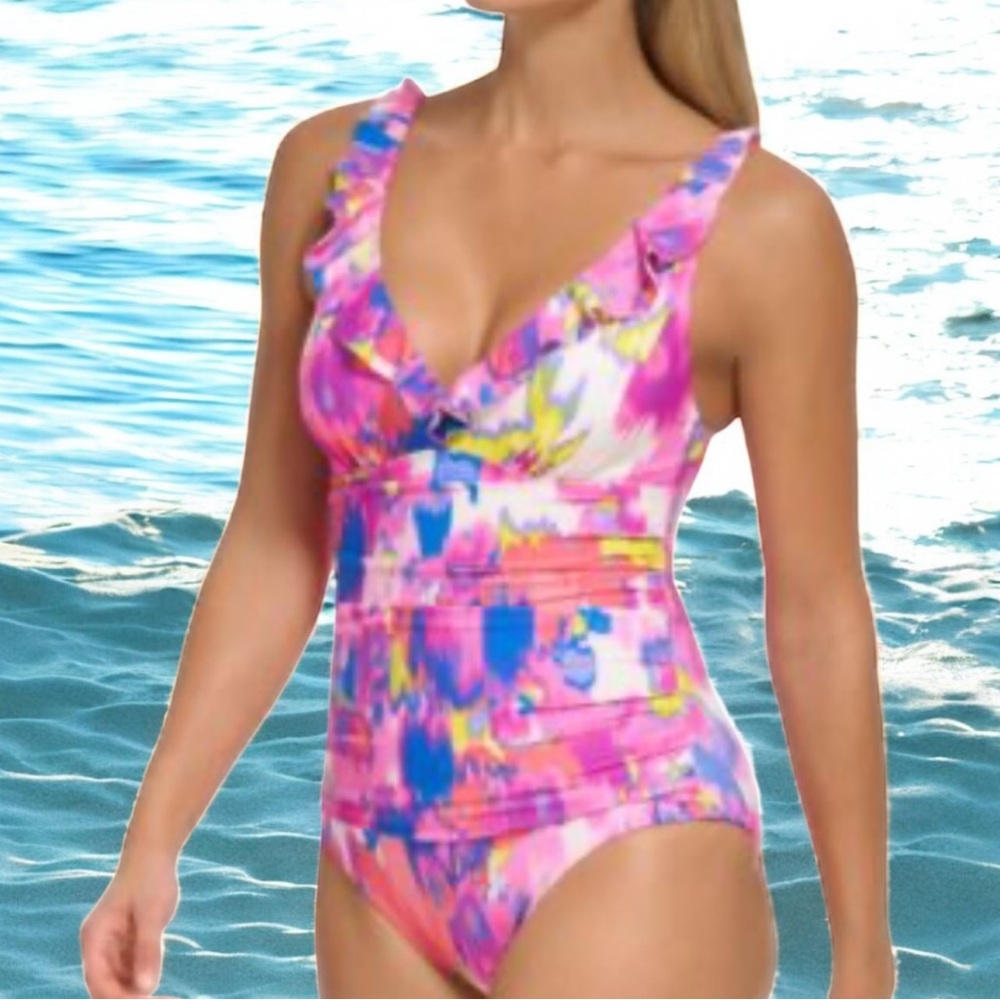 DKNY Pink and Blue One Piece Swimsuit with ruffle Plunging V-neckline size 10 - Picture 1 of 6
